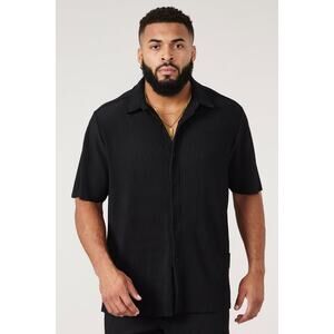 YoungLA Men's Pleated Festival Button Up Shirt Short Sleeve Black Size Large